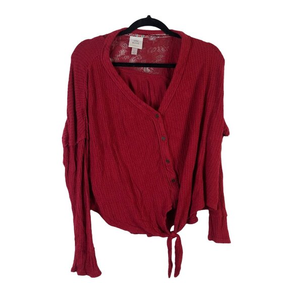 Knox Rose L Shirt V Neck Long Sleeve Button Front Floral Waffleknit Tie Front - Picture 1 of 6